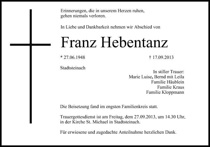  Traueranzeige für Franz Hebentanz vom 25.09.2013 aus MGO