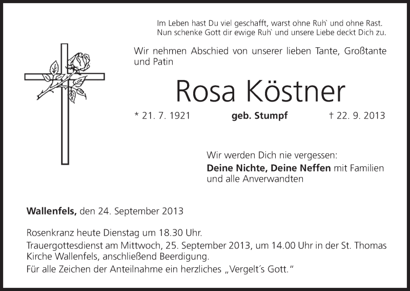  Traueranzeige für Rosa Köstner vom 24.09.2013 aus MGO