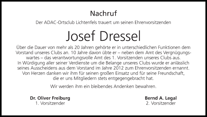  Traueranzeige für Josef Dressel vom 25.09.2013 aus MGO