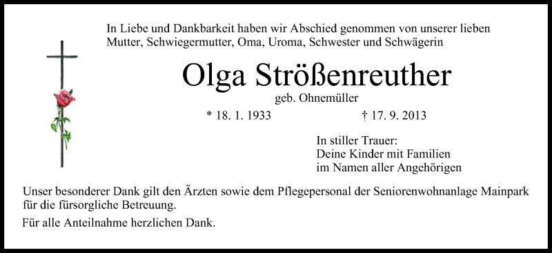  Traueranzeige für Olga Strößenreuther vom 28.09.2013 aus MGO
