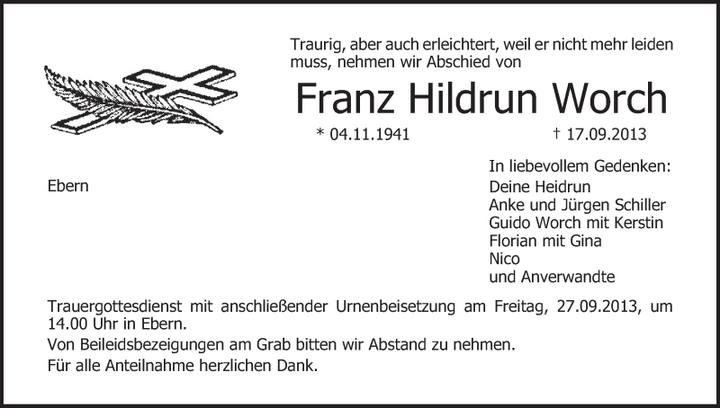  Traueranzeige für Franz Hildrun Worch vom 25.09.2013 aus MGO