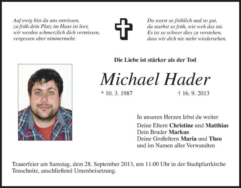  Traueranzeige für Michael Hader vom 25.09.2013 aus MGO