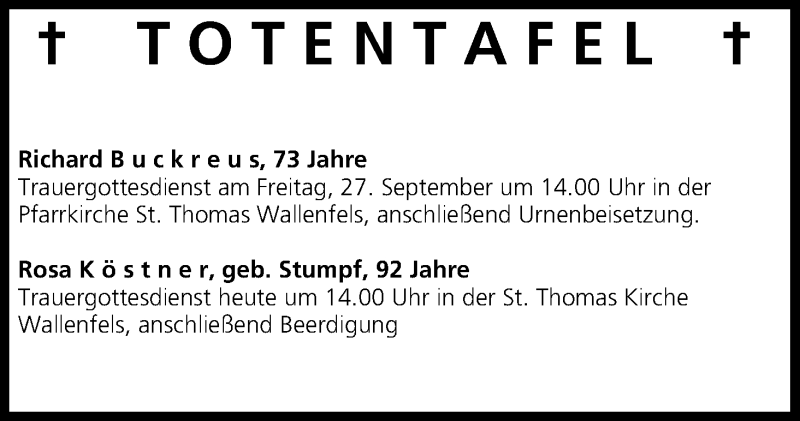  Traueranzeige für Totentafel vom 25.09.2013 vom 25.09.2013 aus MGO
