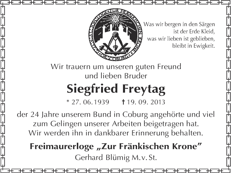  Traueranzeige für Siegfried Freytag vom 28.09.2013 aus MGO