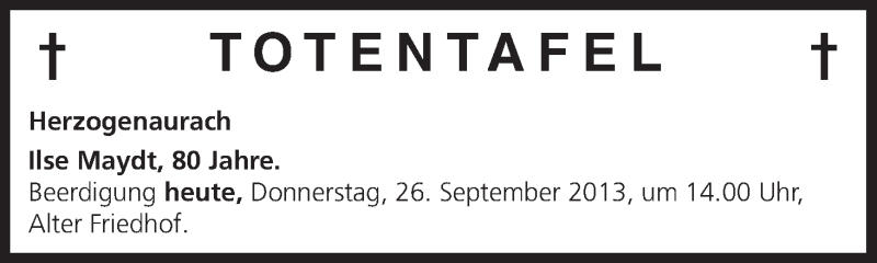  Traueranzeige für Totentafel vom 26.09.2013 vom 26.09.2013 aus MGO