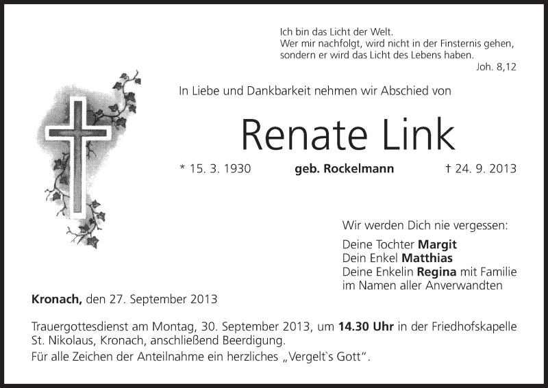  Traueranzeige für Renate Link vom 27.09.2013 aus MGO