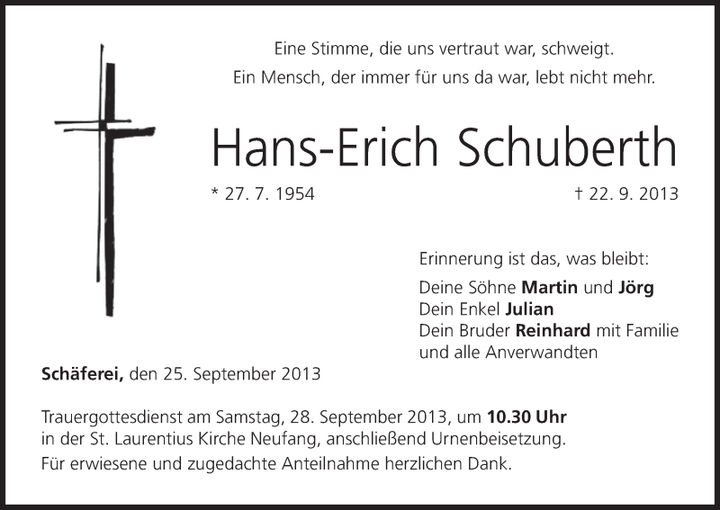  Traueranzeige für Hans-Erich Schuberth vom 25.09.2013 aus MGO