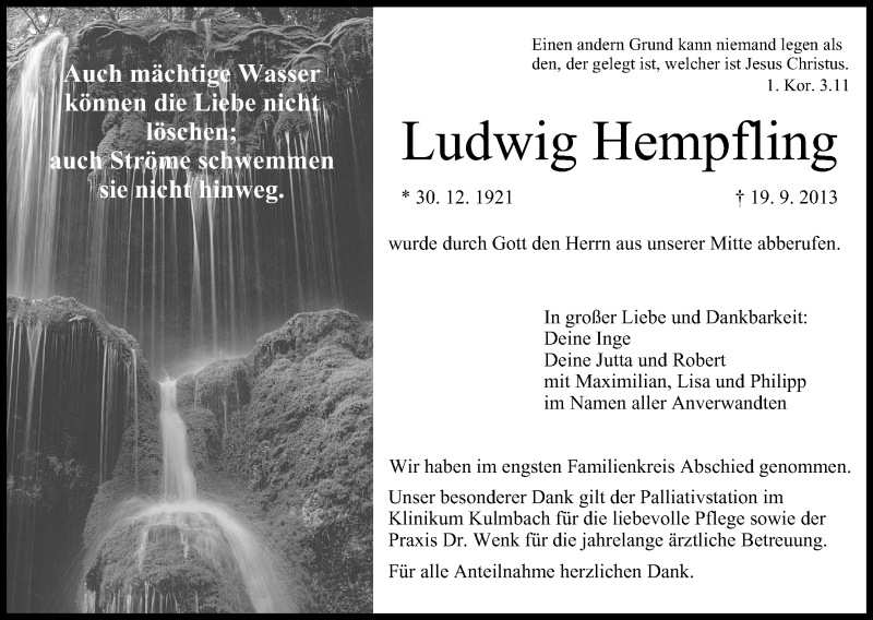  Traueranzeige für Ludwig Hempfling vom 30.09.2013 aus MGO