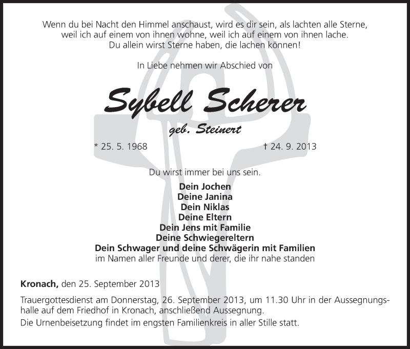  Traueranzeige für Sybell Scherer vom 25.09.2013 aus MGO