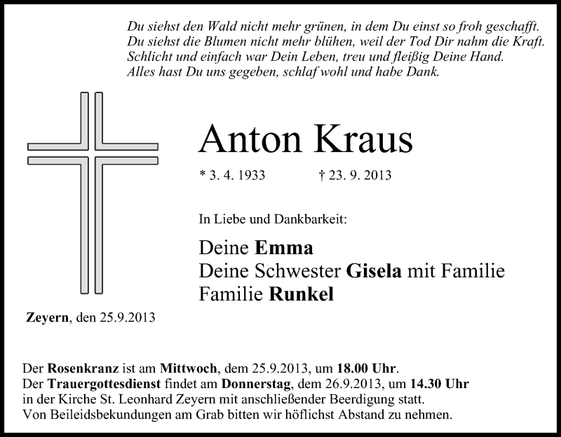  Traueranzeige für Anton Kraus vom 25.09.2013 aus MGO
