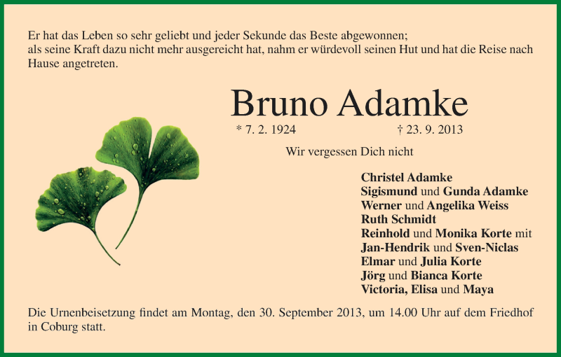  Traueranzeige für Bruno Adamke vom 28.09.2013 aus MGO