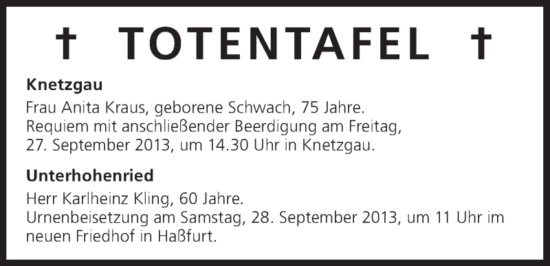  Traueranzeige für Totentafel vom 27.09.2013 vom 27.09.2013 aus MGO