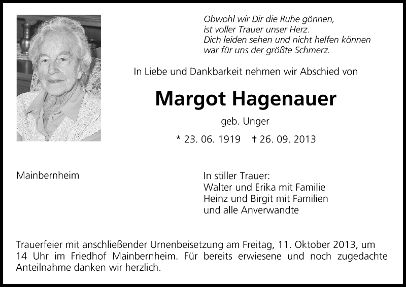 Traueranzeige für Margot Hagenauer vom 28.09.2013 aus MGO