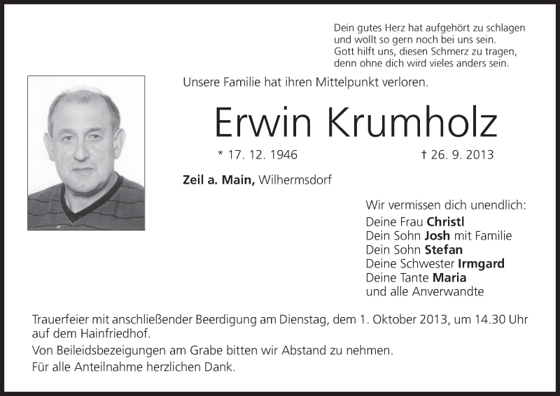  Traueranzeige für Erwin Krumholz vom 28.09.2013 aus MGO