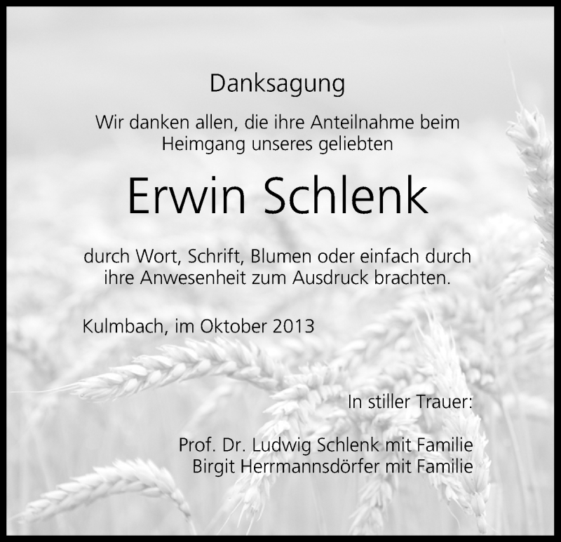  Traueranzeige für Erwin Schlen vom 02.10.2013 aus MGO