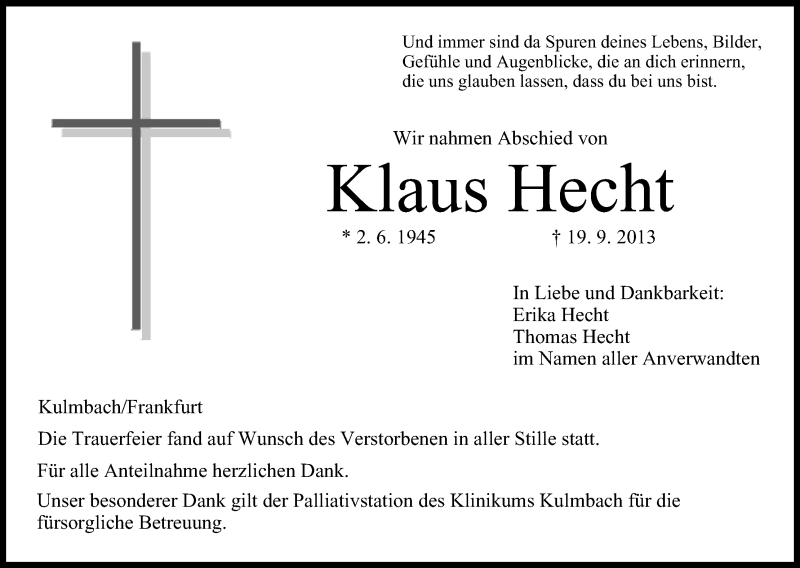  Traueranzeige für Klaus Hecht vom 05.10.2013 aus MGO