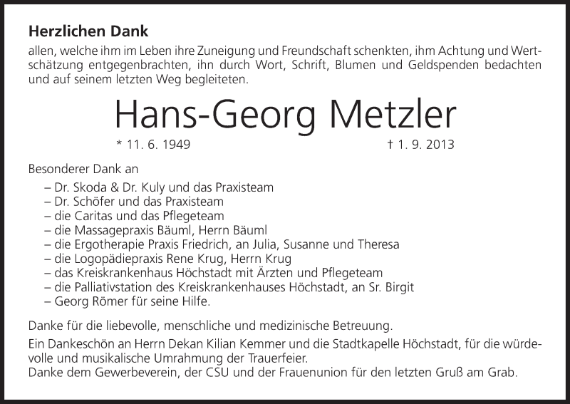  Traueranzeige für Hans-Georg Metzler vom 28.09.2013 aus MGO