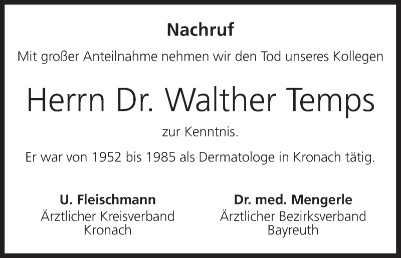  Traueranzeige für Walther Temps vom 28.09.2013 aus MGO
