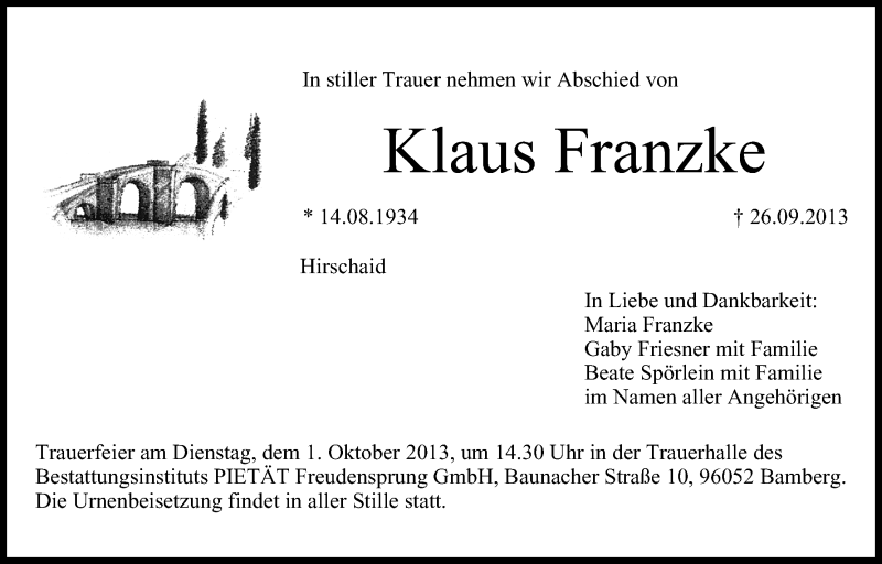  Traueranzeige für Klaus Franzke vom 28.09.2013 aus MGO
