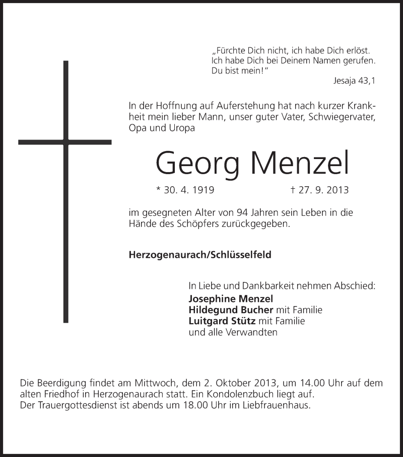  Traueranzeige für Georg Menzel vom 30.09.2013 aus MGO