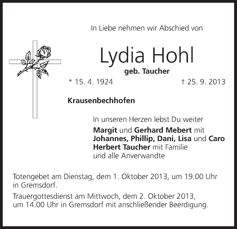  Traueranzeige für Lydia Hohl vom 30.09.2013 aus MGO
