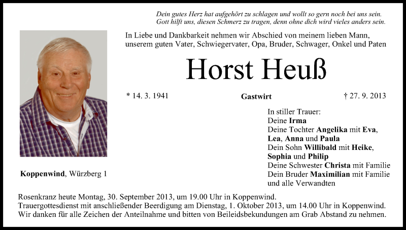  Traueranzeige für Horst Heuß vom 30.09.2013 aus MGO