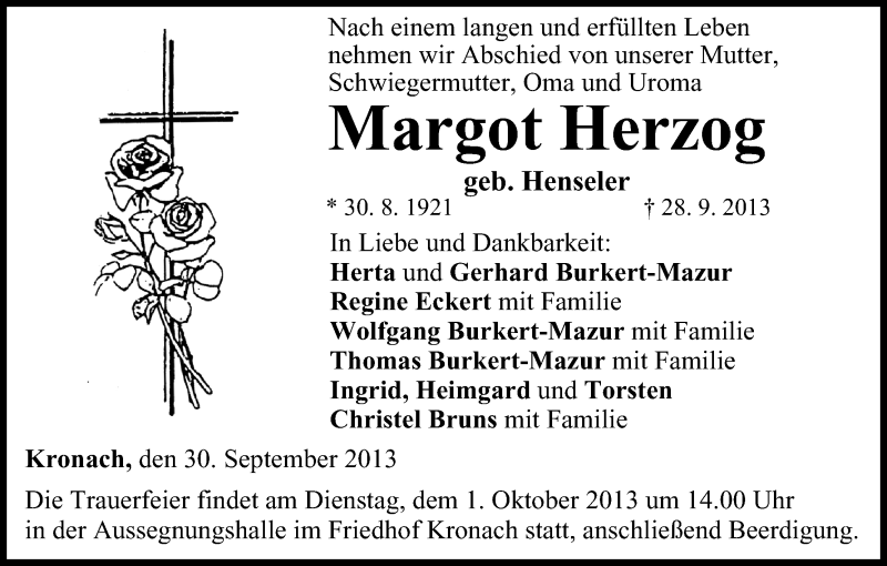  Traueranzeige für Margot Herzog vom 30.09.2013 aus MGO