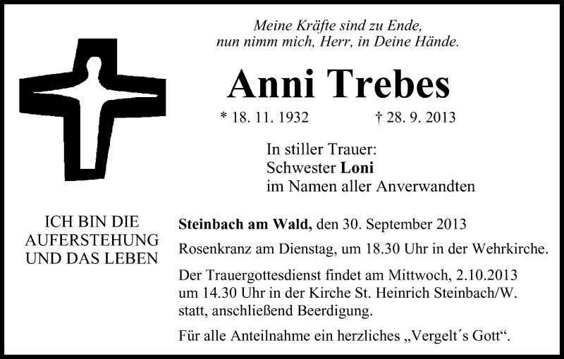  Traueranzeige für Anni Trebes vom 30.09.2013 aus MGO