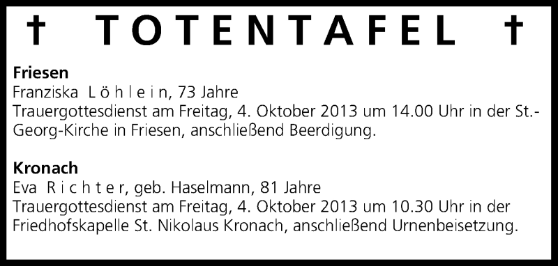  Traueranzeige für Totentafel vom 02.10.2013 vom 02.10.2013 aus MGO