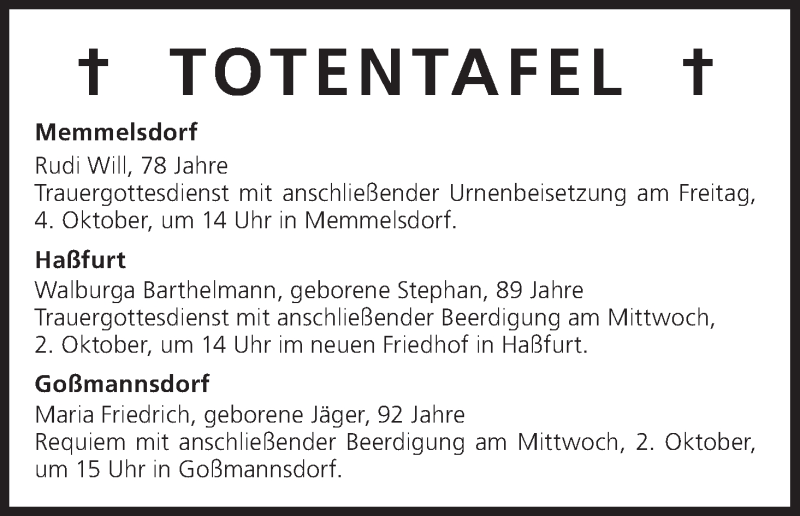  Traueranzeige für Totentafel vom 02.10.2013 vom 02.10.2013 aus MGO