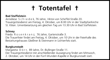 Anzeige von Totentafel vom 02.10.2013 von MGO