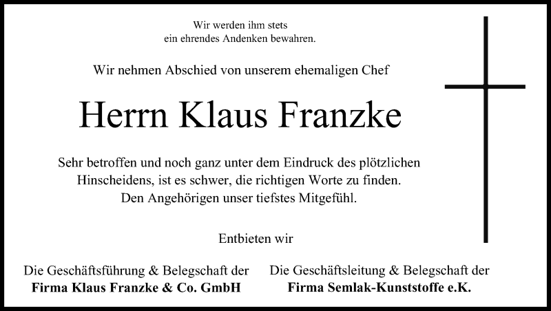  Traueranzeige für Klaus Franzke vom 02.10.2013 aus MGO