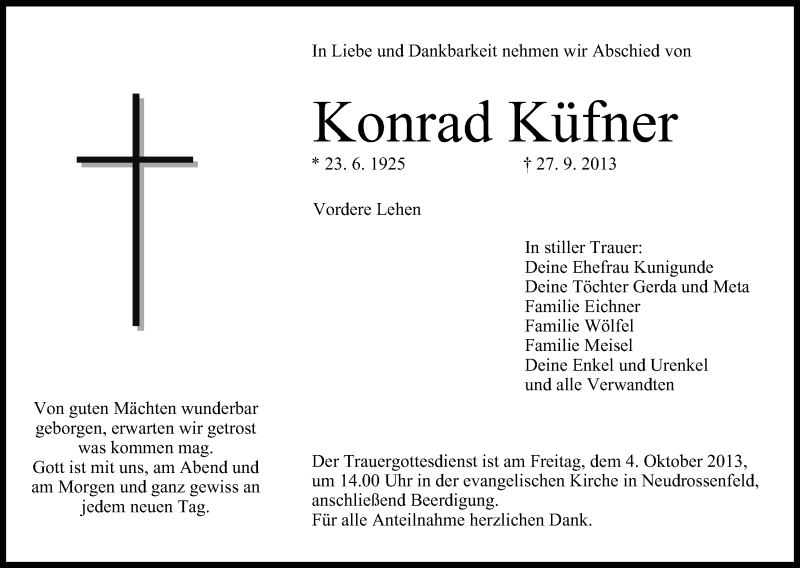  Traueranzeige für Konrad Küfner vom 01.10.2013 aus MGO