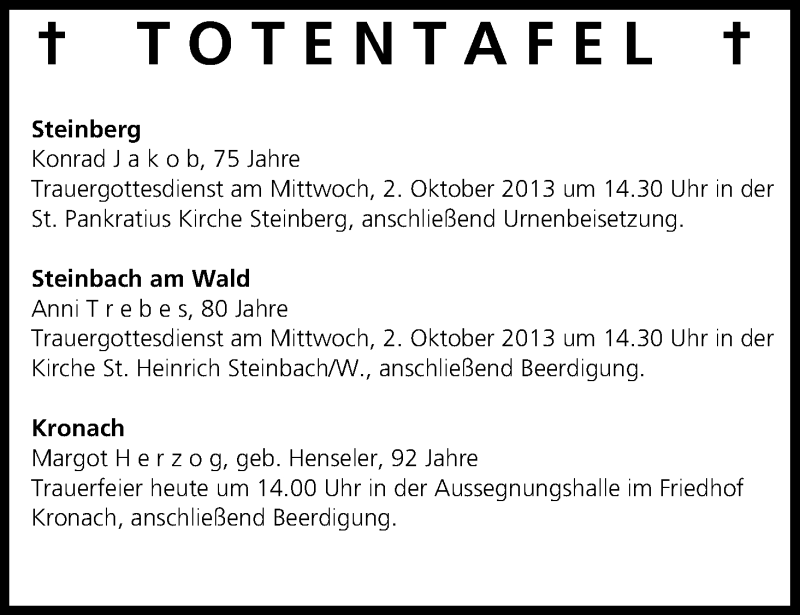  Traueranzeige für Totentafel vom 01.10.2013 vom 01.10.2013 aus MGO