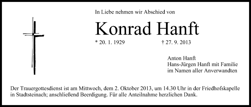  Traueranzeige für Konrad Hanft vom 01.10.2013 aus MGO