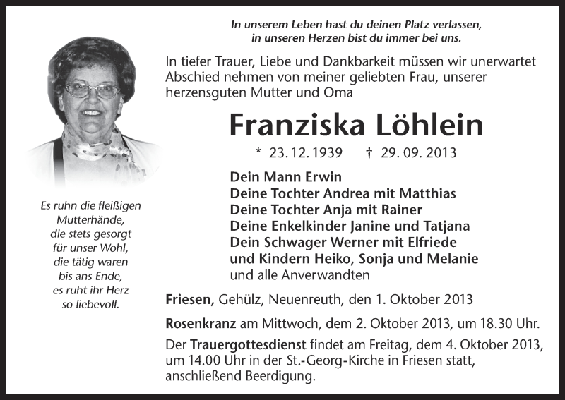  Traueranzeige für Franziska Löhlein vom 01.10.2013 aus MGO
