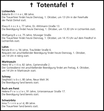 Anzeige von Totentafel vom 01.10.2013 von MGO