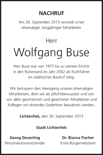 Anzeige von Wolfgang Buse von MGO