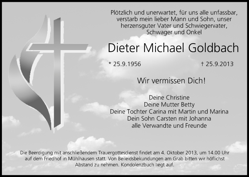  Traueranzeige für Dieter Michael Goldbach vom 02.10.2013 aus MGO