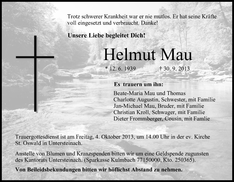  Traueranzeige für Helmut Mau vom 03.10.2013 aus MGO