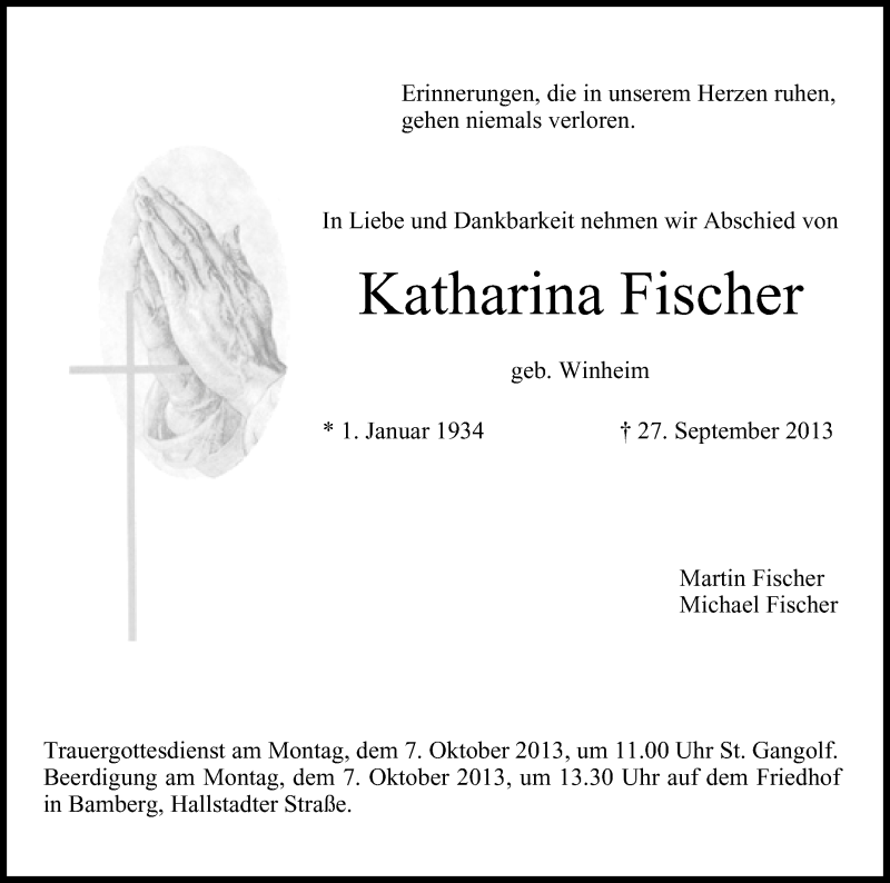  Traueranzeige für Katharina Fischer vom 02.10.2013 aus MGO