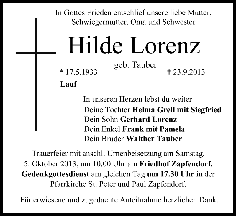  Traueranzeige für Hilde Lorenz vom 02.10.2013 aus MGO