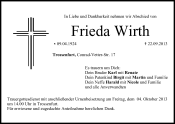Anzeige von Frieda Wirth von MGO