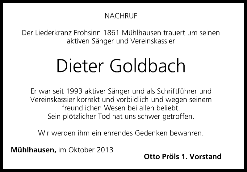  Traueranzeige für Dieter Goldbach vom 03.10.2013 aus MGO
