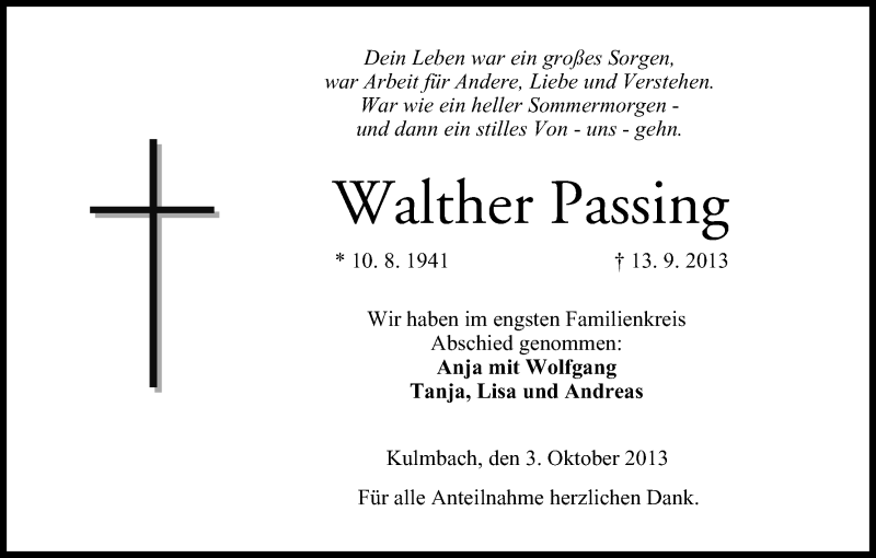  Traueranzeige für Walther Passing vom 03.10.2013 aus MGO