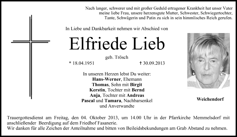  Traueranzeige für Elfriede Lieb vom 03.10.2013 aus MGO