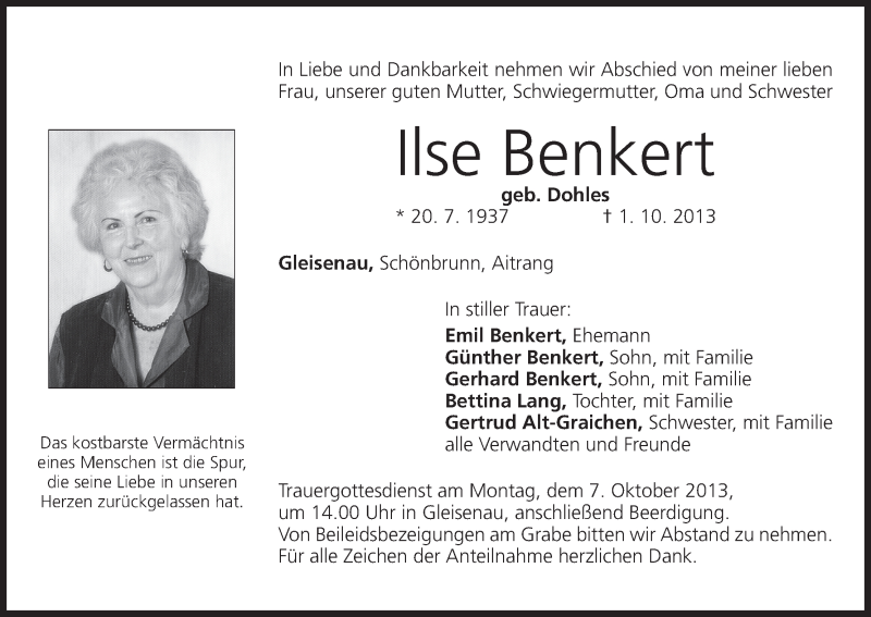  Traueranzeige für Ilse Benkert vom 05.10.2013 aus MGO