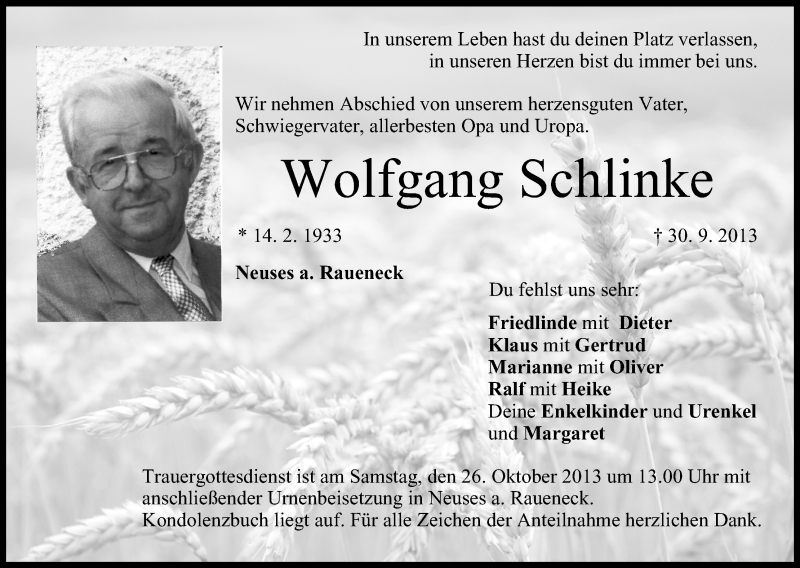  Traueranzeige für Wolfgang Schlinke vom 05.10.2013 aus MGO
