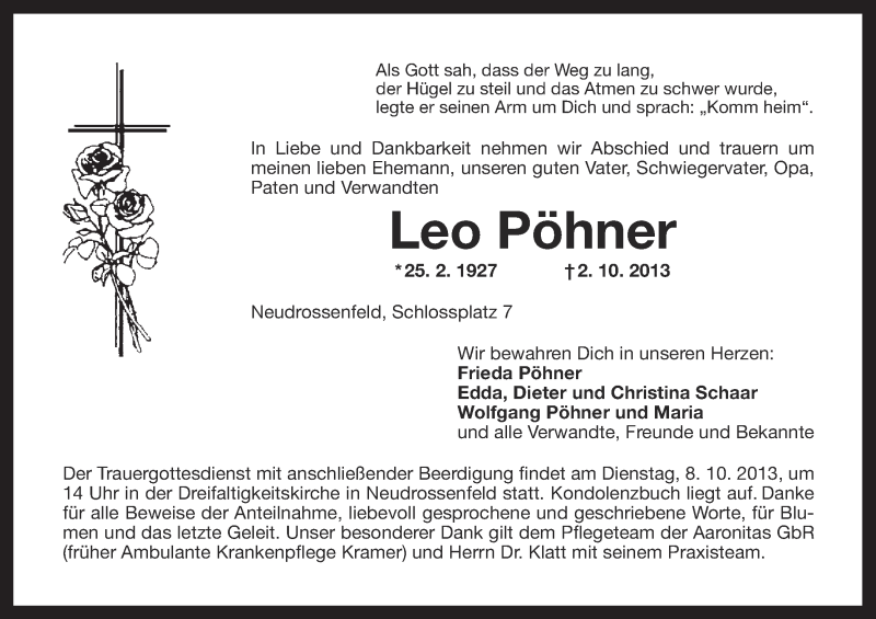  Traueranzeige für Leo Pöhner vom 05.10.2013 aus MGO