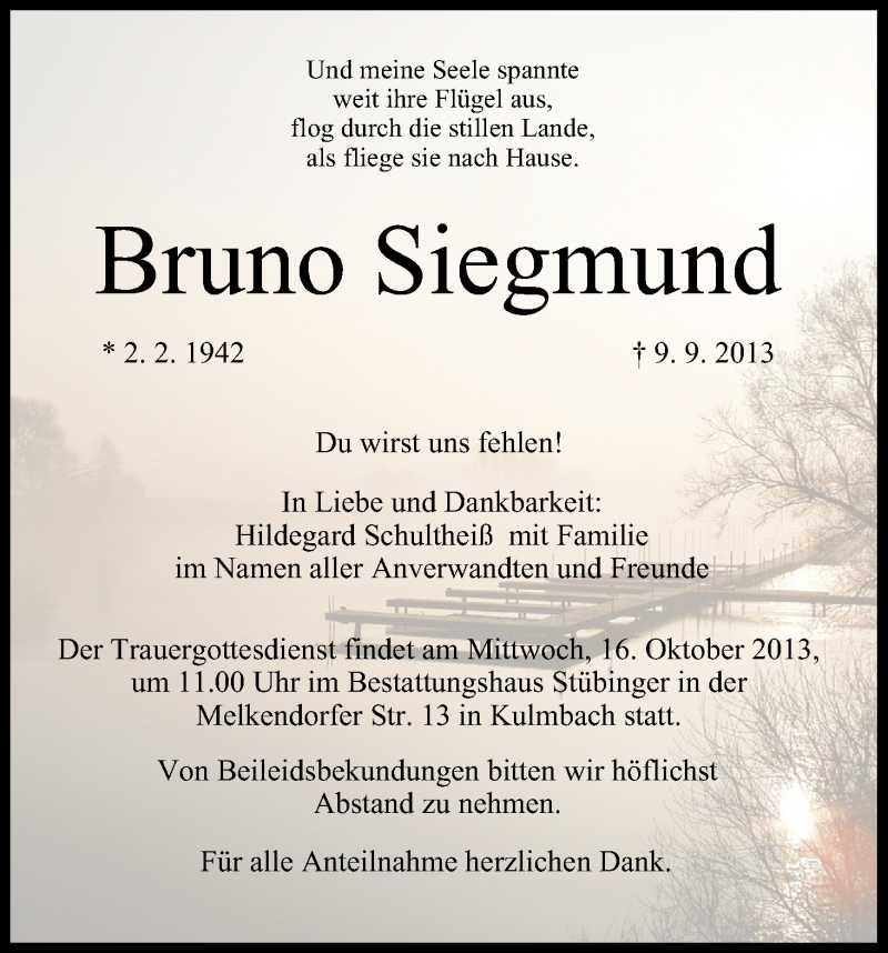  Traueranzeige für Bruno Siegmund vom 14.10.2013 aus MGO